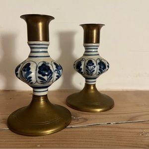 Vintage Delft Style Porcelain and Brass Candlestick Holders, a Pair 1950s